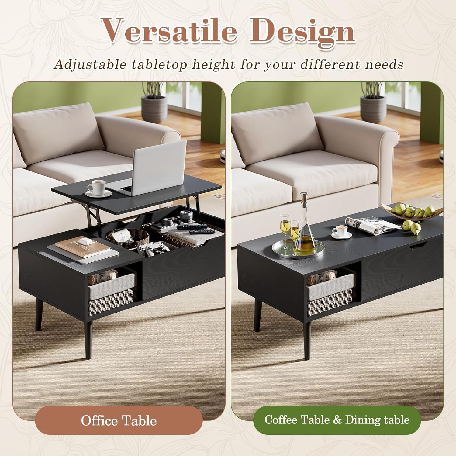 OLIXIS Wood Lift Top Coffee Table with Hidden Compartment and Large Storage Shelf, Lift Tabletop Dining Center Table for Home Living Room Office, Black — Black / 39.4 inches x 19.7 inches x 17 inches (5)