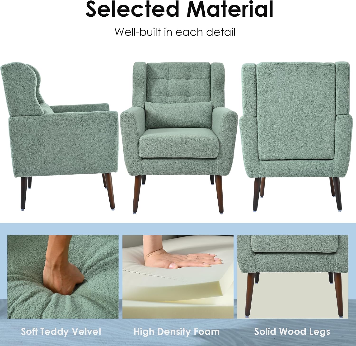 Accent Chair, Comfy Upholstered Living Room Chairs with High Tufted Backrest and Pillow, Wingback Reading Chair with Solid Wood Legs for Bedroom/Office,Teddy Fabric, Light Green — Set of 1 / Light Green(a) (7)