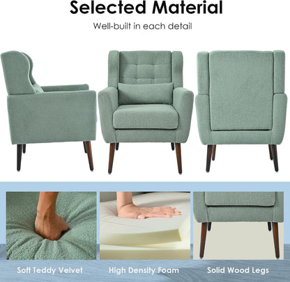 Accent Chair, Comfy Upholstered Living Room Chairs with High Tufted Backrest and Pillow, Wingback Reading Chair with Solid Wood Legs for Bedroom/Office,Teddy Fabric, Light Green — Set of 1 / Light Green(a) (7)