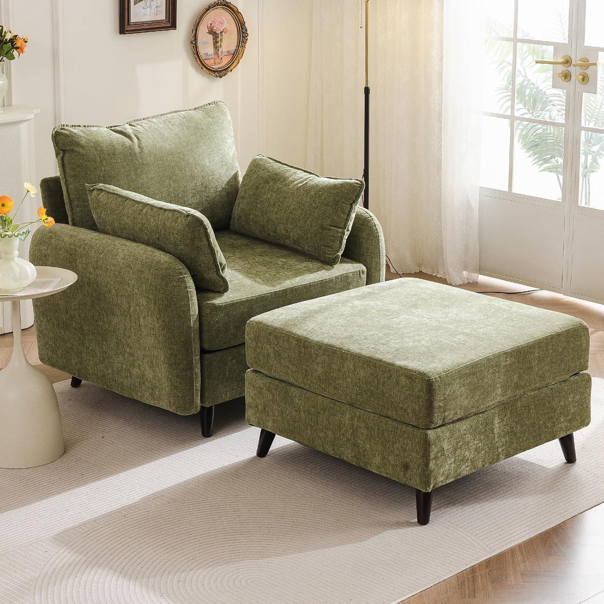 Rexulqo Oversized Accent Chair with All Seats Storage,Comfy Living Room Chairs with 2 Throw Pillow,Upholstered Mid-Century Armchair,24.5'' Deep Seat,Reading Chair for Bedroom,Office,Chenille,Orange — 1*Chair + 1*Ottoman / Green