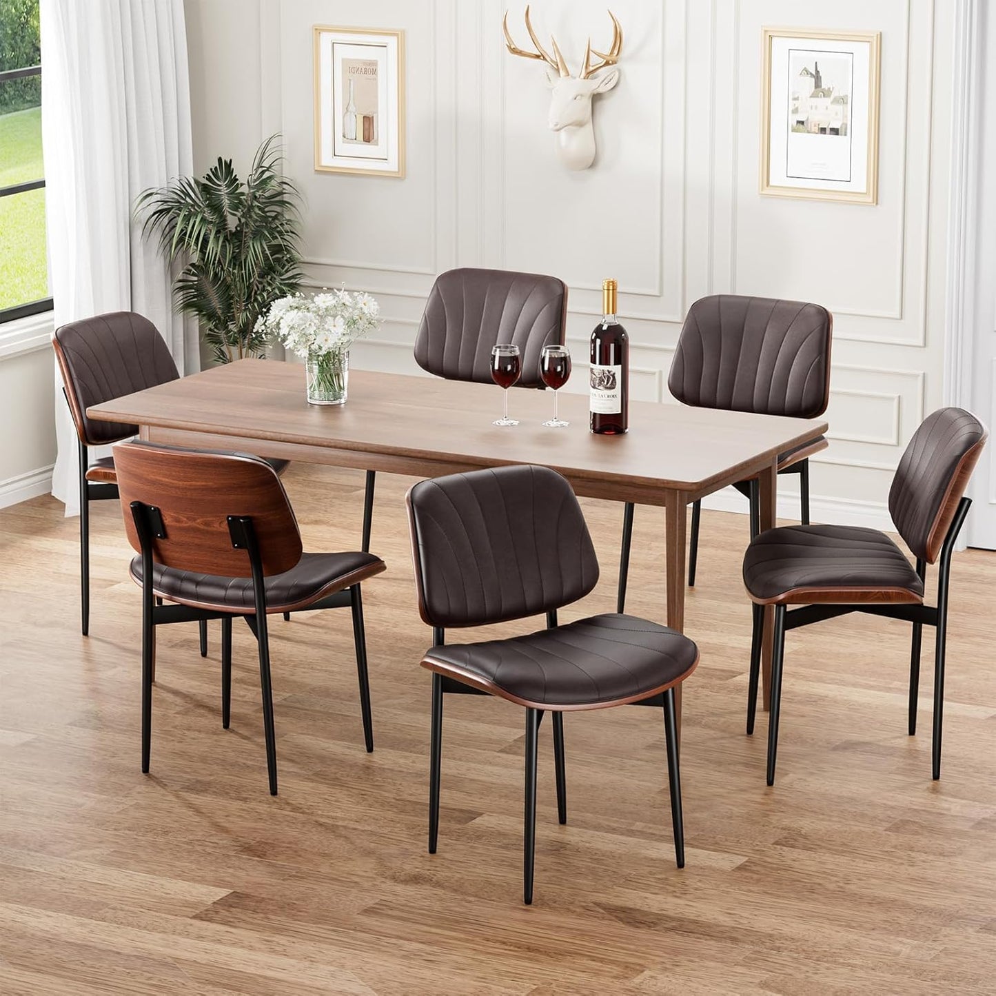 Dining Chairs Set of 4, Mid-Century Modern Upholstered PU Leather Chairs | with Walnut Bentwood Back and Metal Legs Adjustable Feet for Kitchen Dining Room, Black Shell Strips — Dark Brown Shell Strips / 6