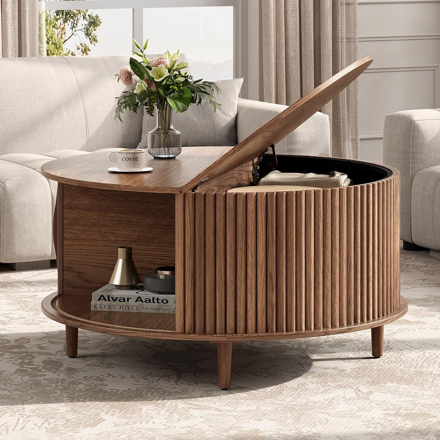 JOINICE 31.5" Round Coffee Table with Storage for Living Room, Walnut | Hidden Storage,Fluted Sliding Door,Mid Century Furniture for Small Apartments,Solid Wood Legs,Easy Assembly,Up to 110 lbs — Walnut_round