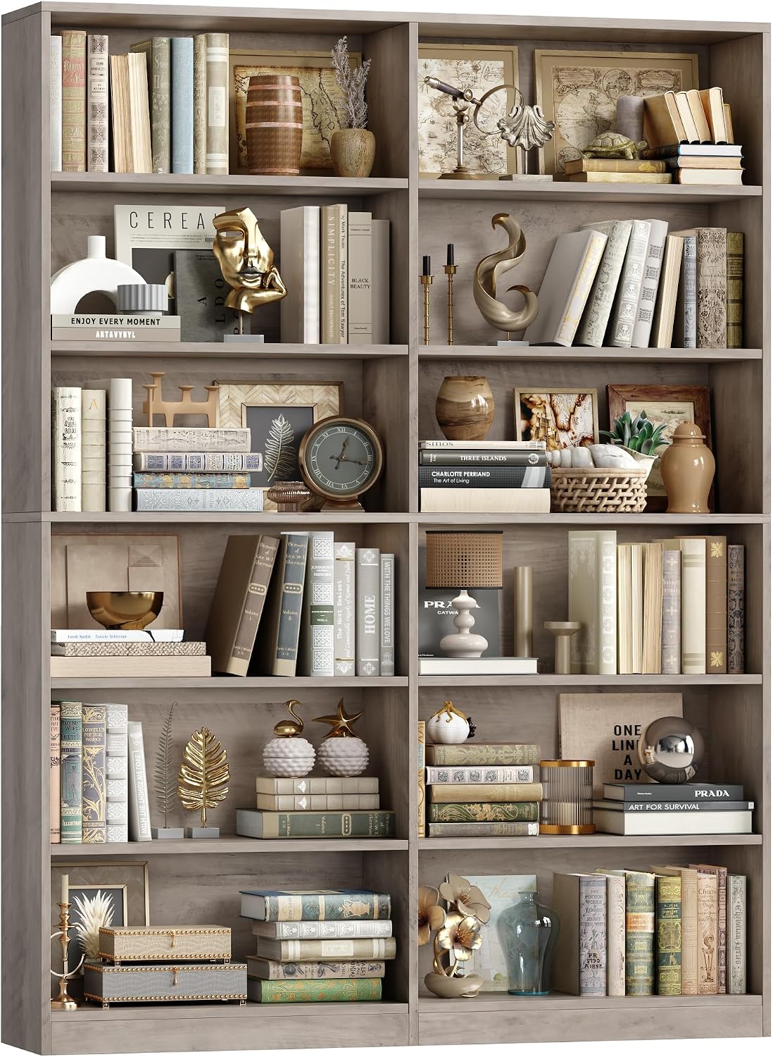 FACBOTALL Bookshelf and Bookcase, 6-Tier Double Wide Bookshelves,Freestanding Display Storage Shelves, Tall Bookcases for Home Decor Bedroom, Living Room, Home Office, Light Oak — Wash Gray