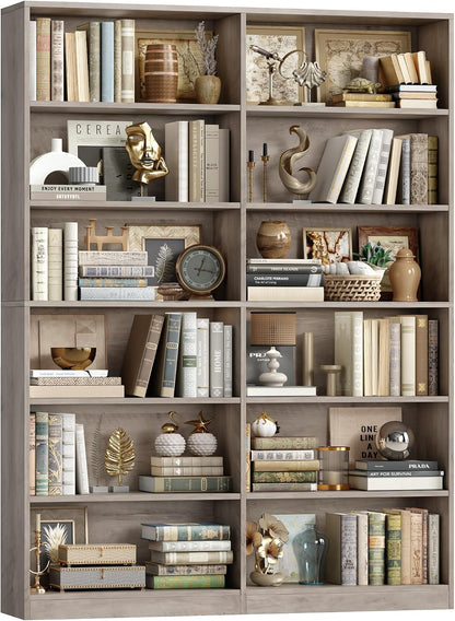 FACBOTALL Bookshelf and Bookcase, 6-Tier Double Wide Bookshelves,Freestanding Display Storage Shelves, Tall Bookcases for Home Decor Bedroom, Living Room, Home Office, Light Oak — Wash Gray