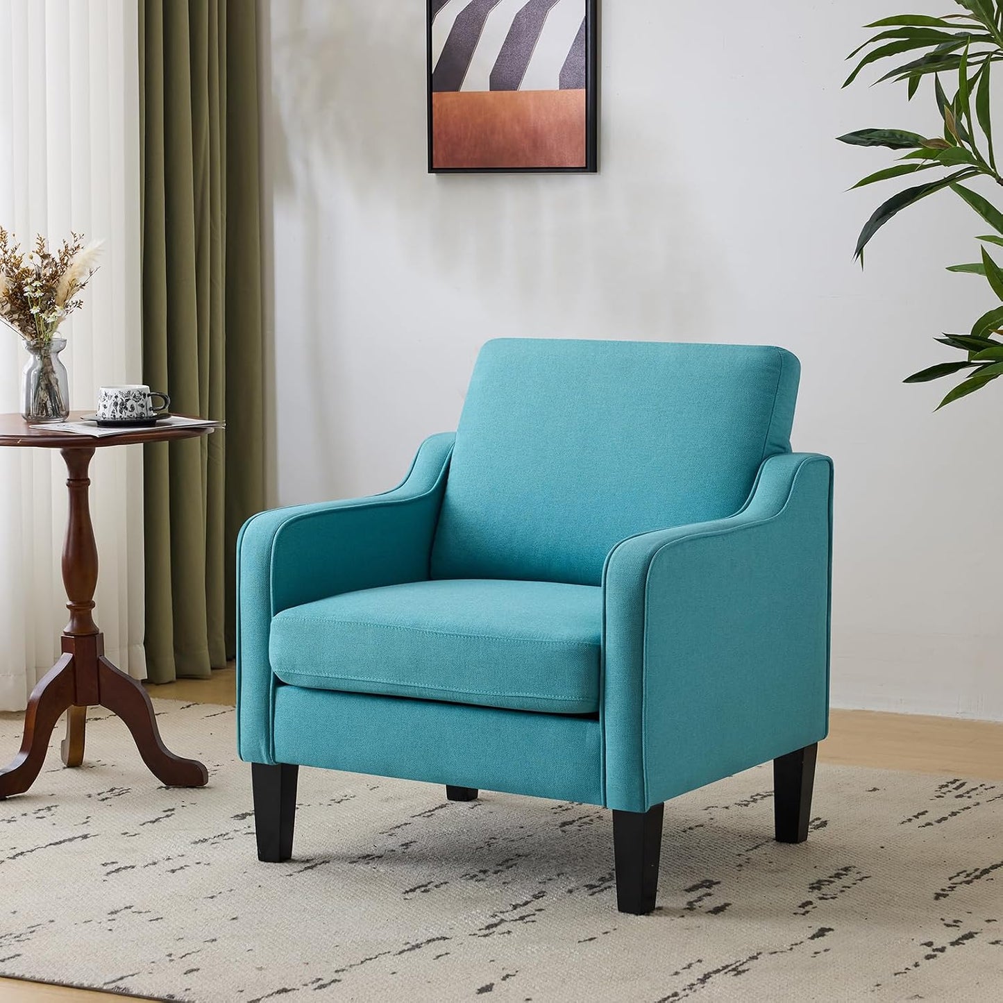 VINGLI Modern Accent Chairs Set of 2, Beige Living Room Chairs Comfy Armchair for Bedroom, Upholstered Sofa Chair Reading Chair for Small Spaces, Apartment, Waiting Room — 1 / Teal Blue Linen