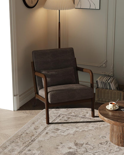 Garvee Mid-Century Chenille Accent Chair, Cozy Reading Chair, Modern Lounge Armchair with Lumbar Pillow, Solid Wood Frame, for Living Room, Bedroom, Office, Beige