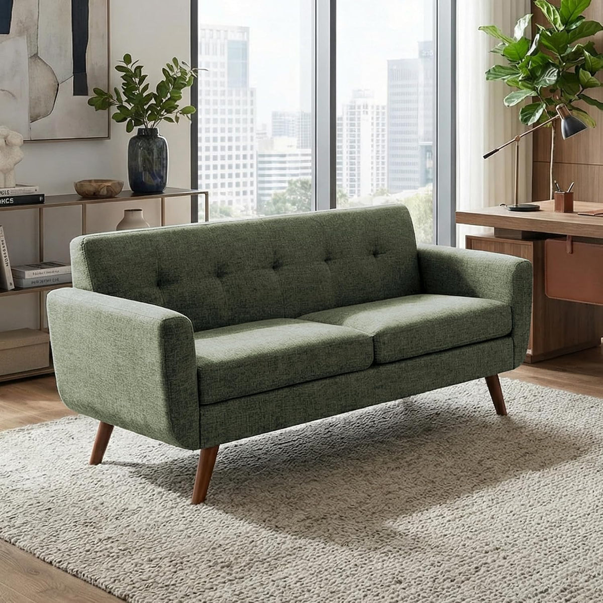 Tbfit Linen Fabric Single Sofa, Accent Chair, Mid Century Modern Armchair for Living Room, Bedroom Button Tufted Upholstered Comfy Reading Sofas, Beige — 65.2 inch / Green