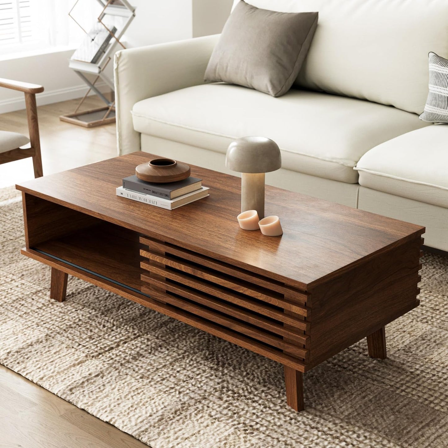 Furniway Mid Century Modern Coffee Table, Wood Coffee Table with Storage, Farmhouse Table for Living Room, Apartment, Walnut — Walnut (3)