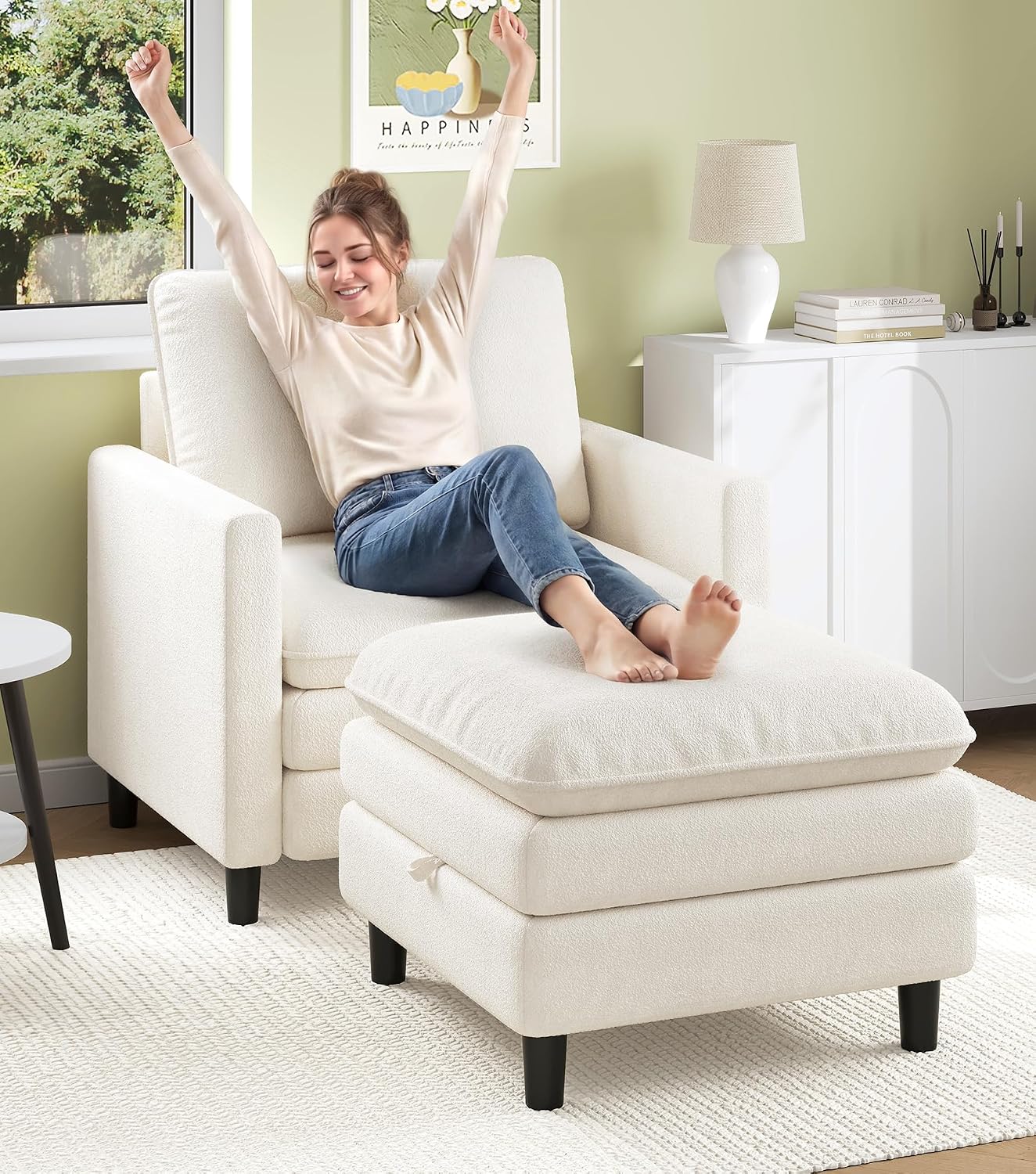 Welzona Sofa Accent Chair, 33" Reading Chair for Bedroom, Tool-Free Setup Living Room Accent Chairs, Comfy Arm Chairs Living Room, All-Wood Reading Nook, Beige