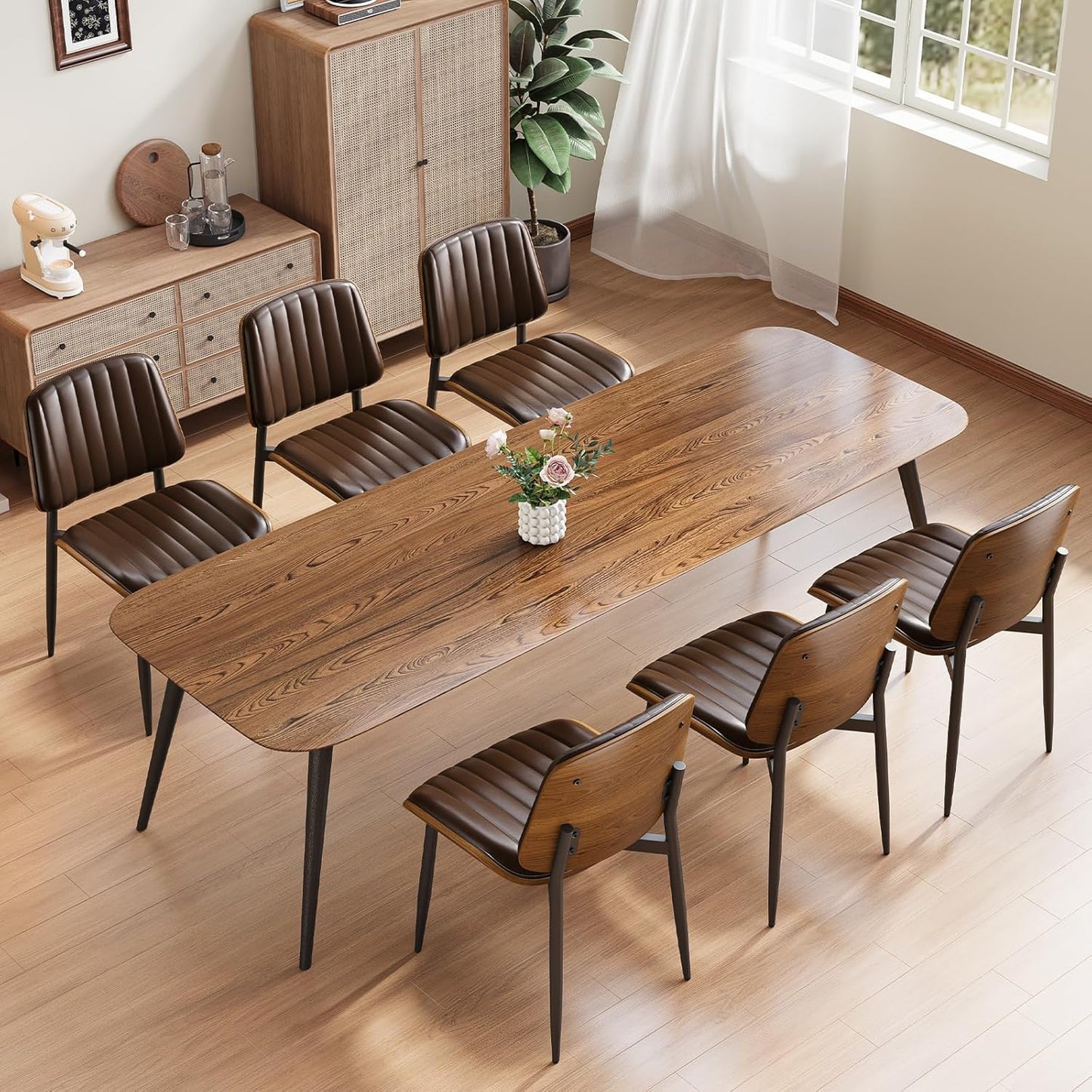 YaFiti Mid Century Dining Chairs Set of 4 with Walnut Bentwood, Greige | Ergonomic Walnut Backrest, Upholstered Waterproof PU Leather Seat, Stable Metal Legs, Adjustable Footpads, Apartment Friendly — Brown Pinstripe / 6