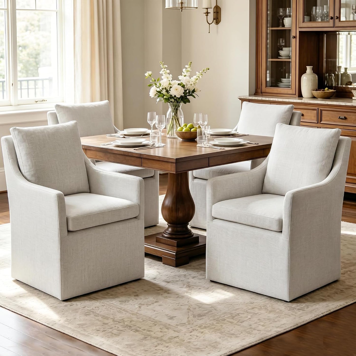 DUHOME Upholstered Dining Chair Set of 2 360 Swivel Linen Accent Armchair | Pre-Assembled Modern Rolling Armchair with Silent Casters, Beige Linen Accent Chair for Dining Room Living Room Bedroom — Beige / 4PCS