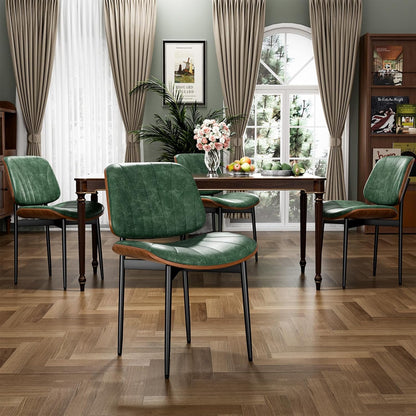 YaFiti Mid Century Dining Chairs Set of 4 with Walnut Bentwood, Greige | Ergonomic Walnut Backrest, Upholstered Waterproof PU Leather Seat, Stable Metal Legs, Adjustable Footpads, Apartment Friendly — Green Scallop / 4