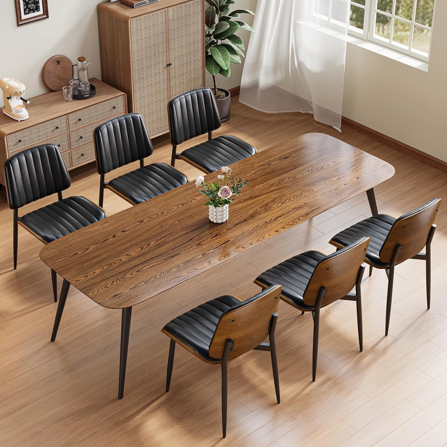 YaFiti Mid Century Dining Chairs Set of 4 with Walnut Bentwood, Greige | Ergonomic Walnut Backrest, Upholstered Waterproof PU Leather Seat, Stable Metal Legs, Adjustable Footpads, Apartment Friendly — Black Pinstripe / 6