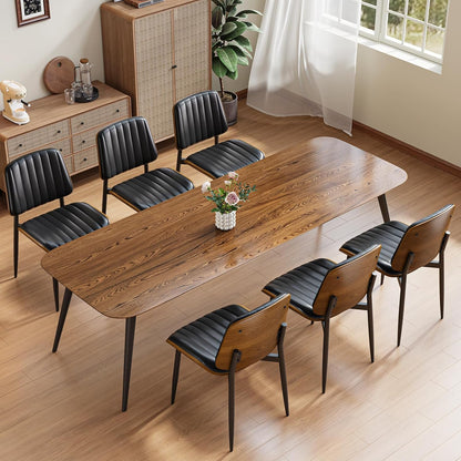 YaFiti Mid Century Dining Chairs Set of 4 with Walnut Bentwood, Greige | Ergonomic Walnut Backrest, Upholstered Waterproof PU Leather Seat, Stable Metal Legs, Adjustable Footpads, Apartment Friendly — Black Pinstripe / 6