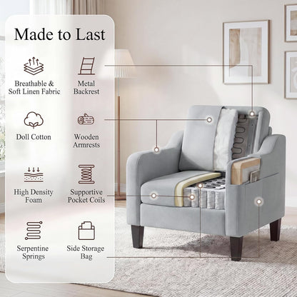 Accent Chair for Living Room, Mid-Century Upholstered Armchair with Foldable Table & 2 Side Pockets, Modern Linen Wooden Sofa Chair for Bedroom & Reading Room, Light Grey — Light Grey / 1 (5)