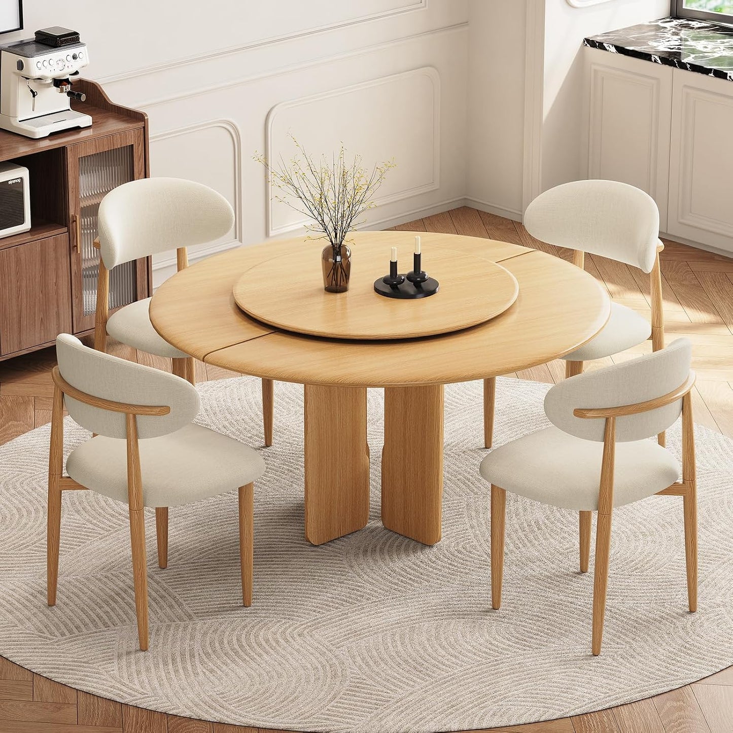 Dining Chairs Set of 4, Modern Fabric Upholstered Dining Room Chair MetalKitchen Chairs, Farmhouse Dinner Chair for Kitchen Dining Room, Beige — Beige Seat /Wood-grain Metal Legs / 4 (6)