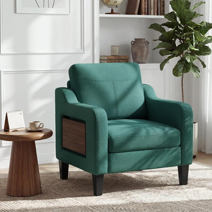 Accent Chair for Living Room, Mid-Century Upholstered Armchair with Foldable Table & 2 Side Pockets, Modern Linen Wooden Sofa Chair for Bedroom & Reading Room, Light Grey