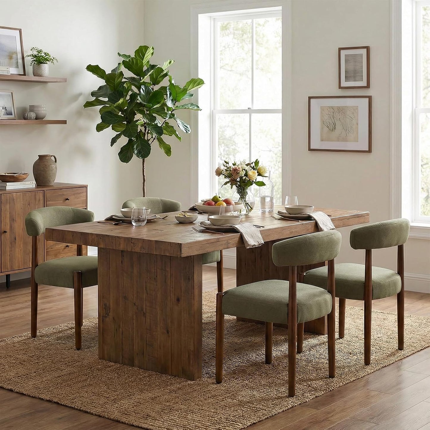 VKNOW Wooden Dining Chairs Set of 4, Modern Upholstered Dining Room Chairs with Walnut Wood Legs and Curved Backrest, Fabric Kitchen Chairs for Farmhouse/Living Room/Dining Room, Green — Set of 4 / Green