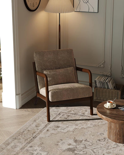 Garvee Mid-Century Chenille Accent Chair, Cozy Reading Chair, Modern Lounge Armchair with Lumbar Pillow, Solid Wood Frame, for Living Room, Bedroom, Office, Beige — Brown-wide Wale Corduroy / 1 Pack