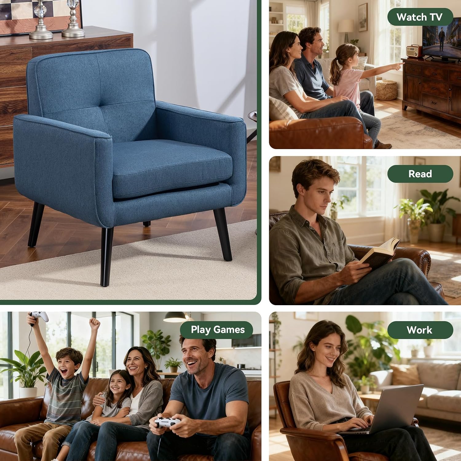 Vogue Furniture Direct Mid Century Accent Chair, Fabric Modern Chair with Wooden Frame, Cozy Armchair Reading Chair with Comfy Back for Apartment, Living Room, Bedroom, Small Space, Corner, Blue — Blue / 1 (4)