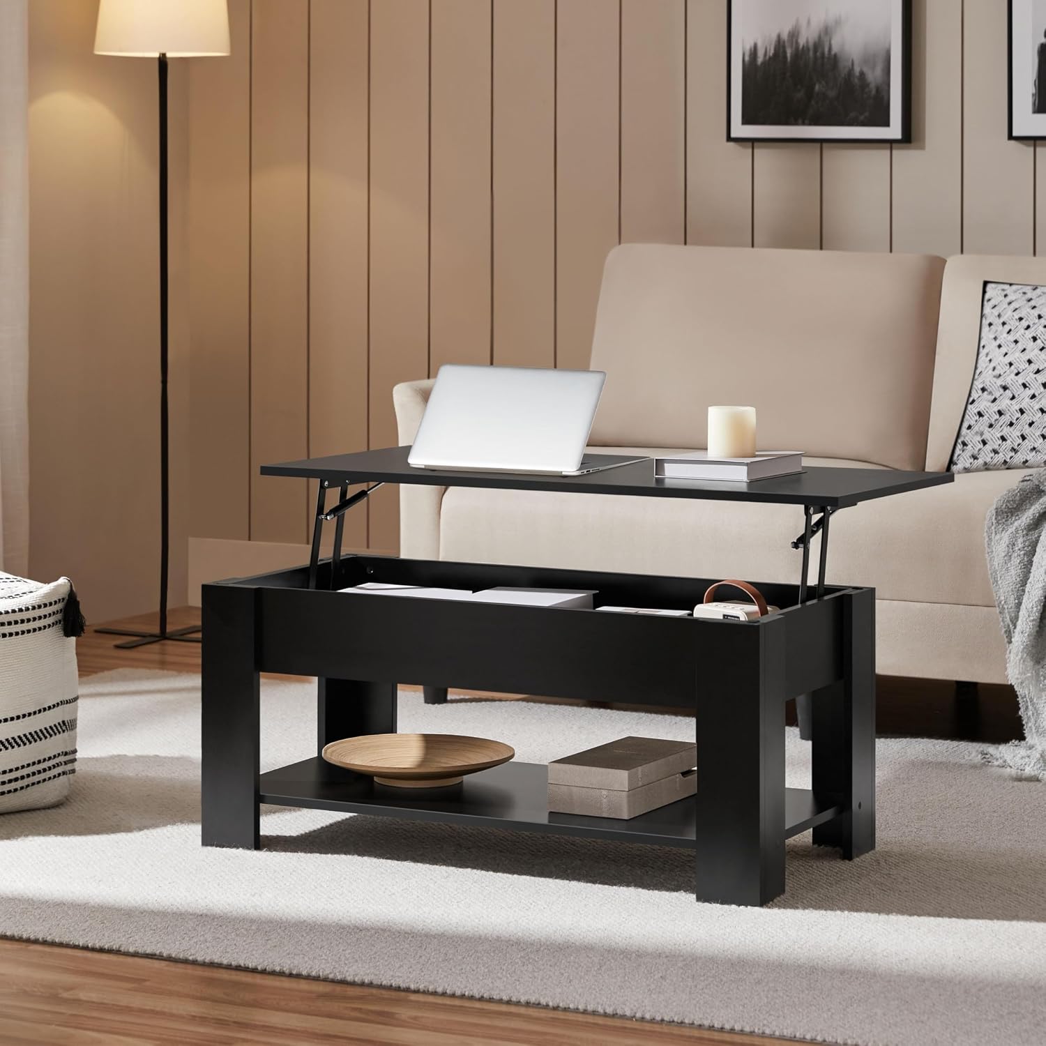 Yaheetech Wooden Coffee Table, Lift Top Coffee Table with Large Hidden Storage Shelf, Lift Tabletop Dining Tables for Living Room, Home Small Space, 38.6in, Black — Black / 38.6 inches (2)