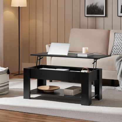 Yaheetech Wooden Coffee Table, Lift Top Coffee Table with Large Hidden Storage Shelf, Lift Tabletop Dining Tables for Living Room, Home Small Space, 38.6in, Black — Black / 38.6 inches (2)