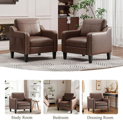 MALOL PU Leather Accent Chair, Mid-Century Modern Living Room Armchair Sofa with Removable Cushions, Solid Wood Frame & Stitched Armrest Design, Bedroom Chair with Plastic Legs, Chocolate Brown — Chocolate Brown / Set of 1 (8)