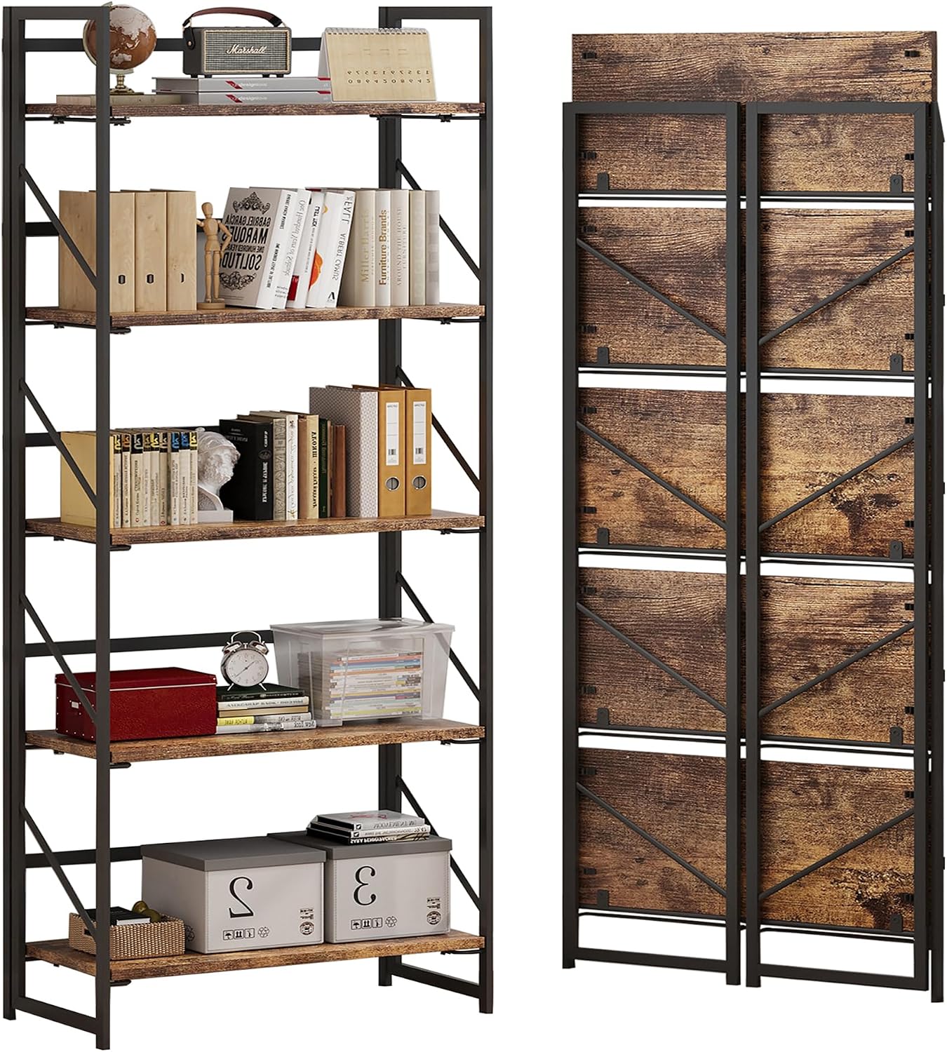 JSB No Assembly Folding Bookshelf, 4 Tier Industrial Metal Book Shelf for Storage, Vintage Wood Foldable Bookcase for Living Room, Bedroom, Office Organization Shelves — Fire Brown / Flat Tube 5-Tier