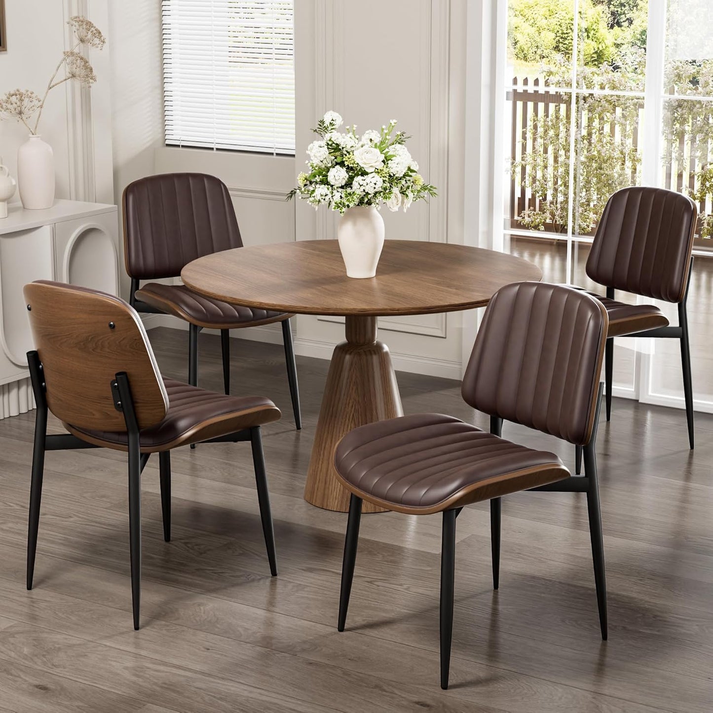 Dining Chairs Set of 4, Mid-Century Modern Upholstered PU Leather Chairs | with Walnut Bentwood Back and Metal Legs Adjustable Feet for Kitchen Dining Room, Black Shell Strips — Dark Brown Vertical Stripes / 4
