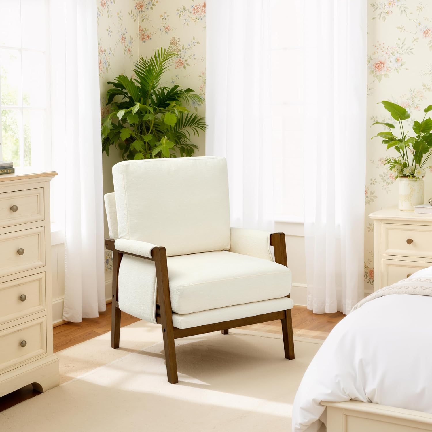RNKSFX Cream Accent Chair for Bedroom & Living Room, Mid Century Modern Accent Arm Chair, Upholstered Anthropologie Accent Chair with Solid Wood Frame, Fabric — 1 / Cream White (8)