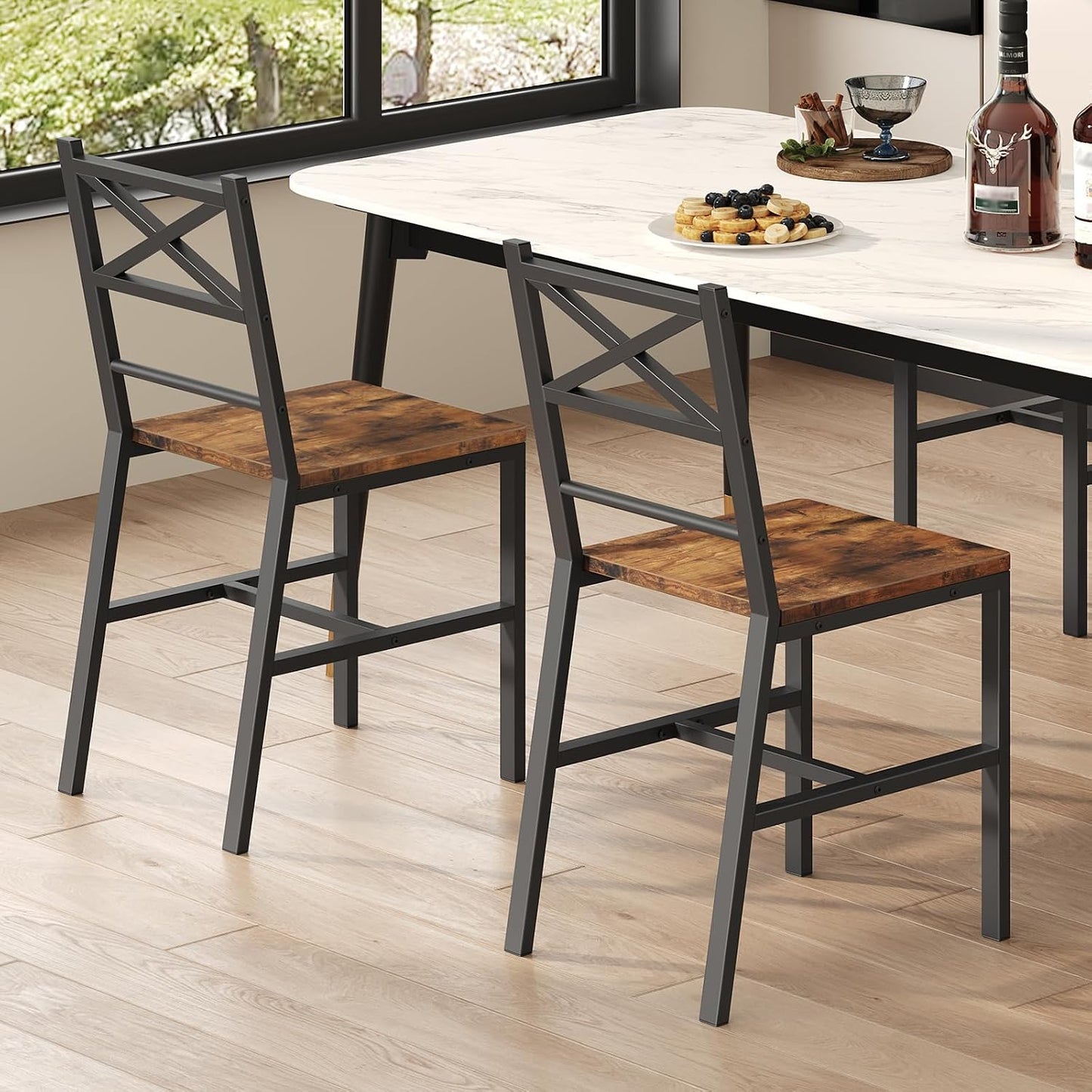 MAHANCRIS Dining Chair Set of 2, Rustic Wooden Kitchen Chairs with Backrest, Farmhouse Dining Chairs for Kitchen, Industrial Style Chair with Metal Frame, Easy Assembly, Rustic Brown TBHR1001 — Rustic Brown / 2