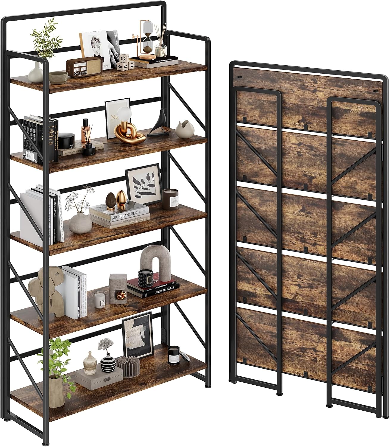 JSB No Assembly Folding Bookshelf, 4 Tier Industrial Metal Book Shelf for Storage, Vintage Wood Foldable Bookcase for Living Room, Bedroom, Office Organization Shelves — Fire Brown / Wide 5-Tier