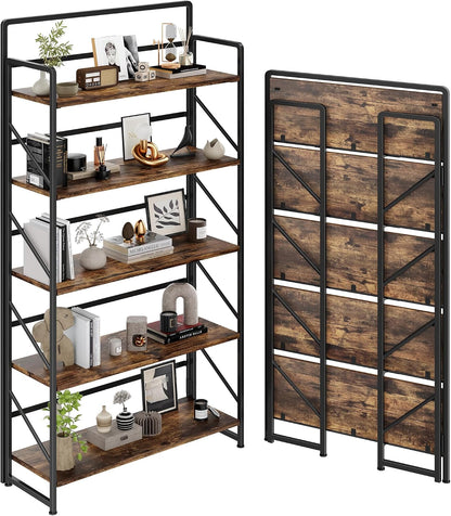 JSB No Assembly Folding Bookshelf, 4 Tier Industrial Metal Book Shelf for Storage, Vintage Wood Foldable Bookcase for Living Room, Bedroom, Office Organization Shelves — Fire Brown / Wide 5-Tier