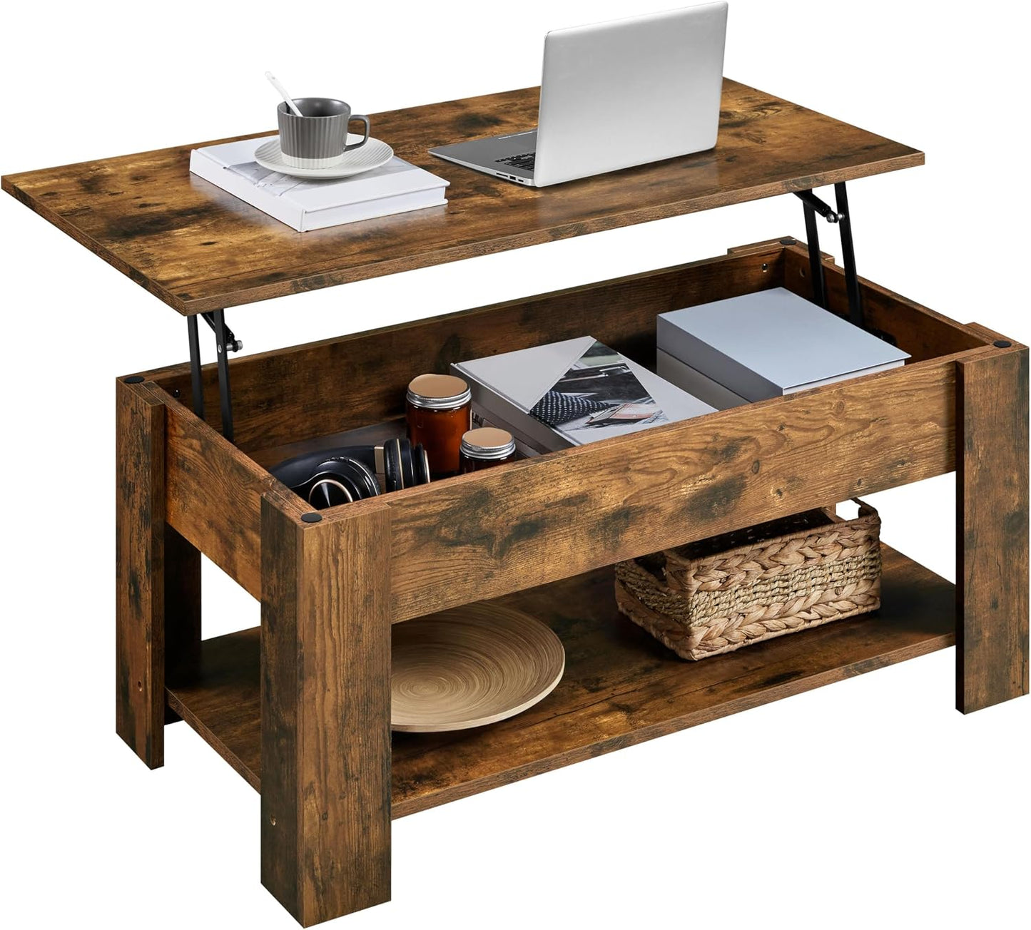 Yaheetech Wooden Coffee Table, Lift Top Coffee Table with Large Hidden Storage Shelf, Lift Tabletop Dining Tables for Living Room, Home Small Space, 38.6in, Black — Rustic Brown / 38.6 inches