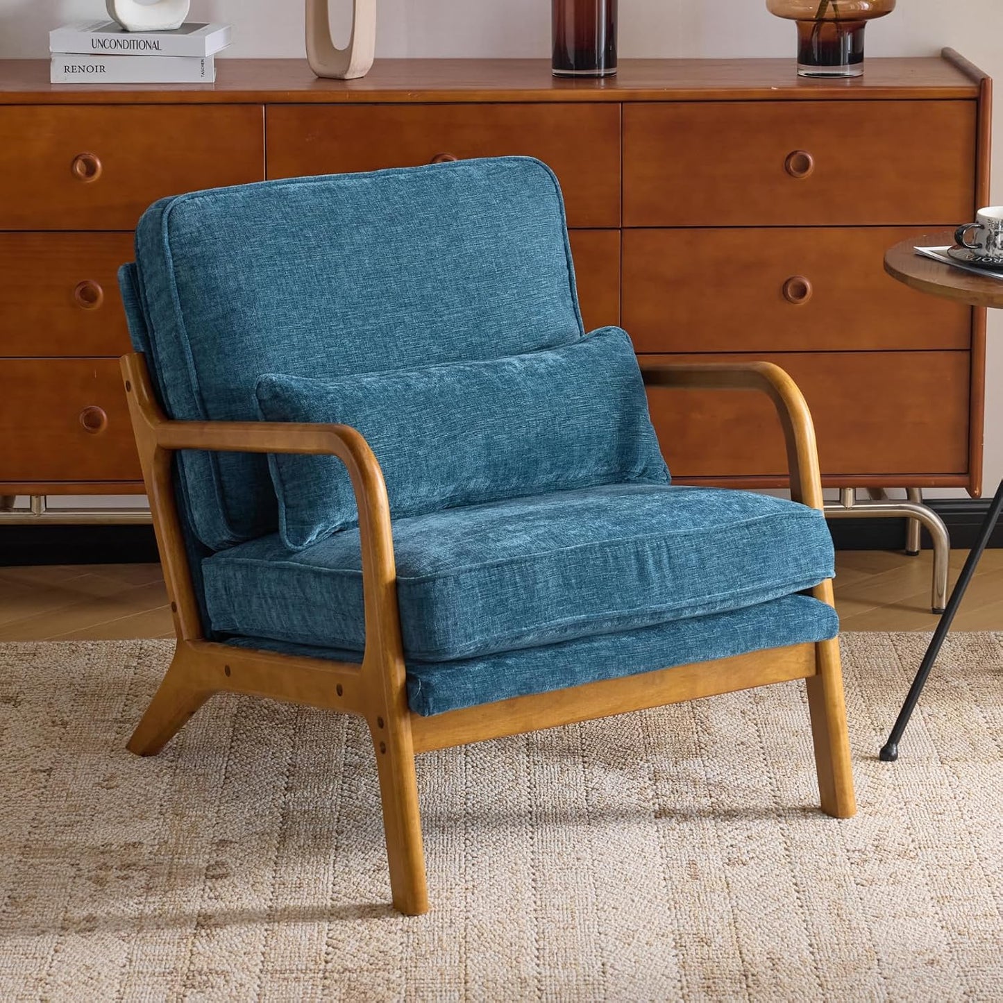 Karl home Mid-Century Modern Accent Reading Chair, Beige | Linen Upholstered, Solid Wood Frame, Soft Cushion, Lumbar Pillow, Lounge Armchair for Living Room, Bedroom, Balcony, Study — Chenille Blue
