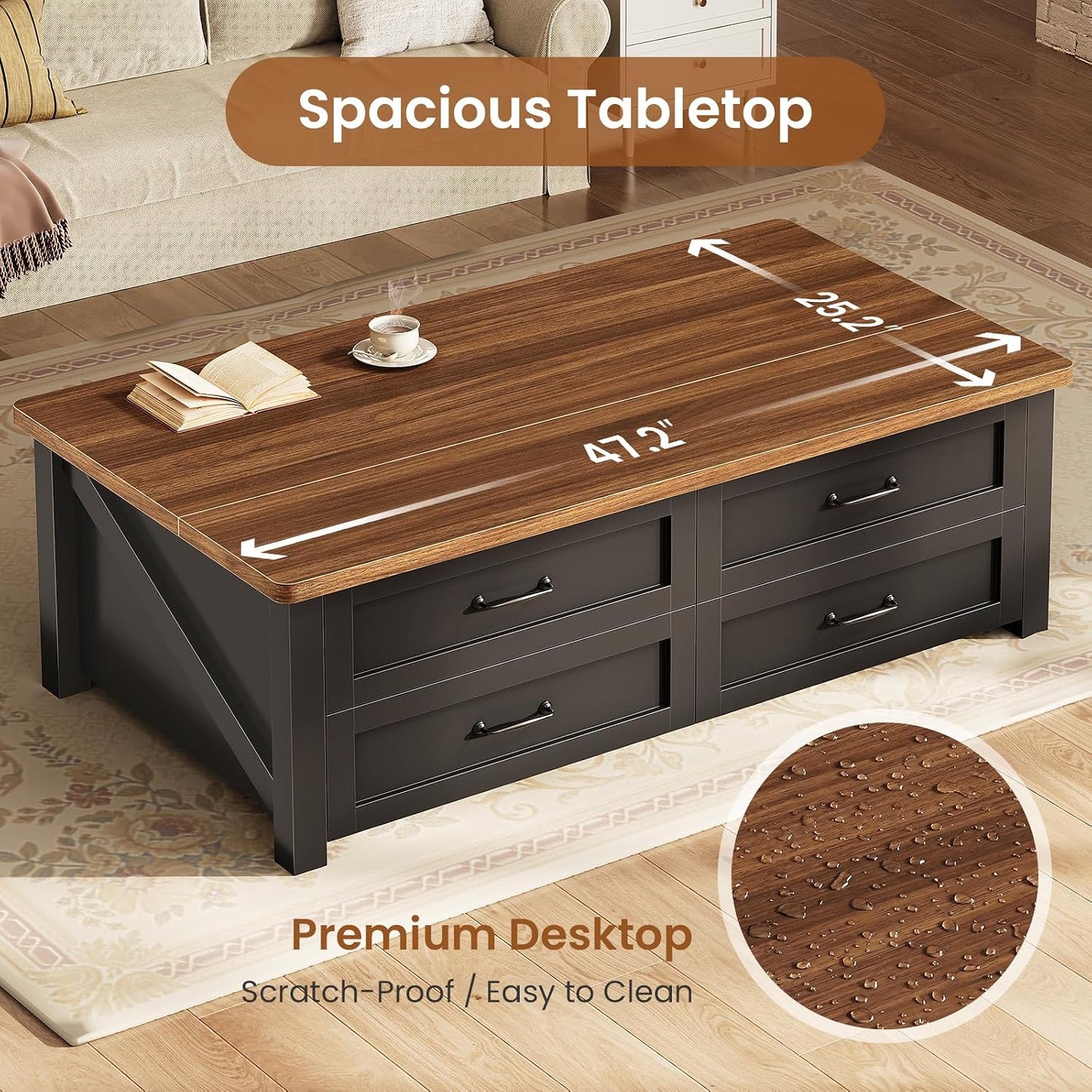 Itaar 47.2" Lift Top Coffee Table with Storage, Farmhouse Coffee Tables for Living Room with 4 Wood Drawers & Large Hidden Storage Space, Center Table for Living Room, Black + Brown — Black + Brown / 4 Drawers (6)