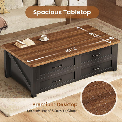 Itaar 47.2" Lift Top Coffee Table with Storage, Farmhouse Coffee Tables for Living Room with 4 Wood Drawers & Large Hidden Storage Space, Center Table for Living Room, Black + Brown — Black + Brown / 4 Drawers (6)