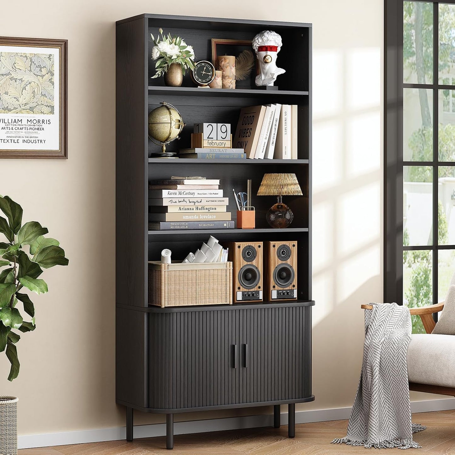 ONBRILL 71" Tall Bookshelf, 4-Tier Bookcase with Storage Cabinet & Adjustable Storage Shelf, Freestanding Wood Bookshelf with Sliding Door and Adjustable Footpad, for Home Office, Living Room, Walnut — Black