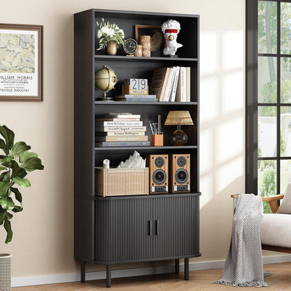 ONBRILL 71" Tall Bookshelf, 4-Tier Bookcase with Storage Cabinet & Adjustable Storage Shelf, Freestanding Wood Bookshelf with Sliding Door and Adjustable Footpad, for Home Office, Living Room, Walnut — Black