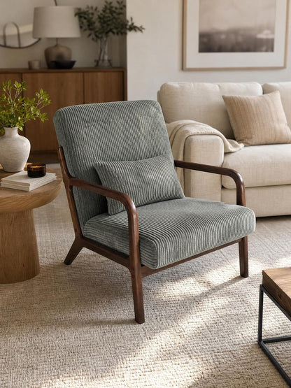 Garvee Mid-Century Chenille Accent Chair, Cozy Reading Chair, Modern Lounge Armchair with Lumbar Pillow, Solid Wood Frame, for Living Room, Bedroom, Office, Beige — Green-wide Wale Corduroy / 1 Pack