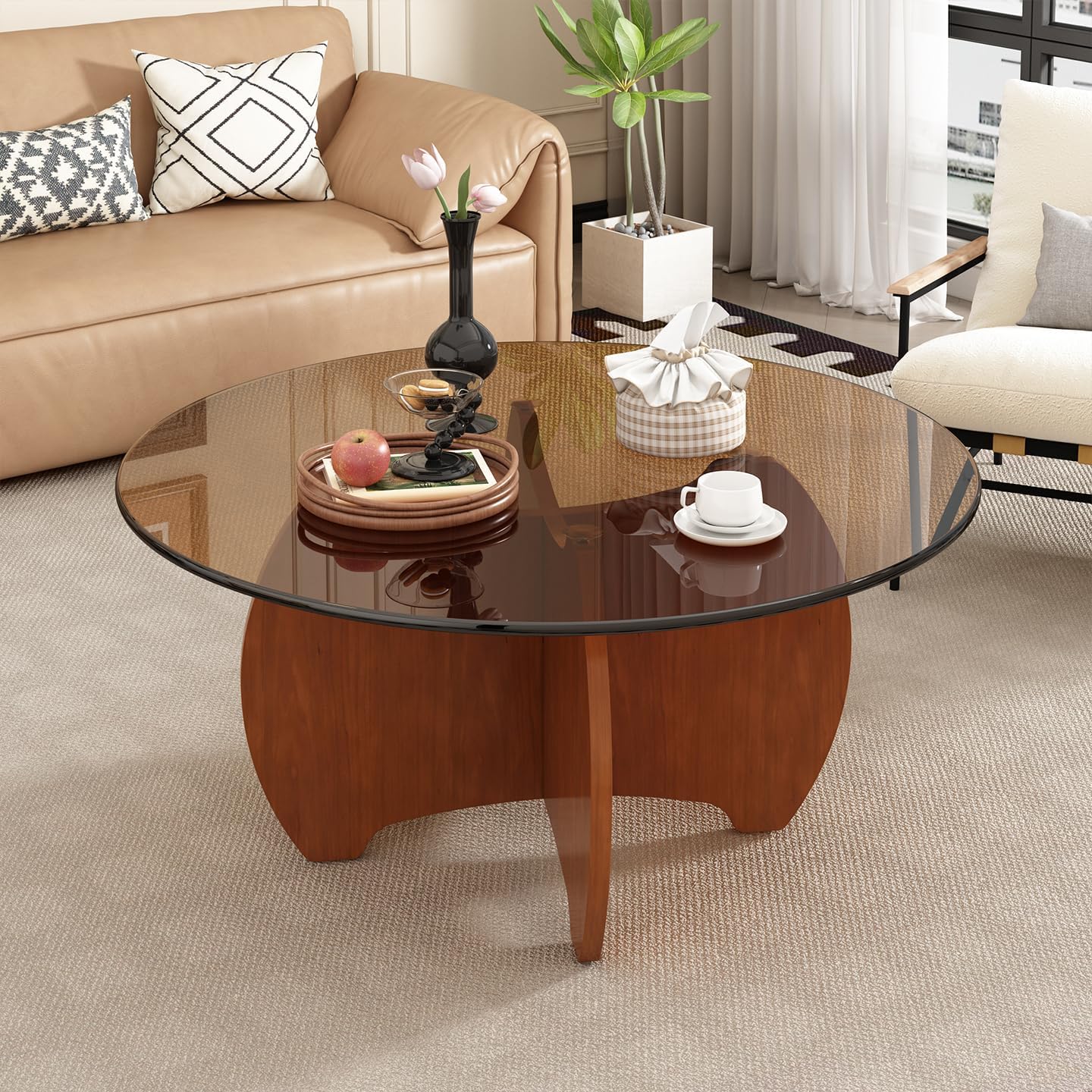 31.5'' Round Coffee Table with Tempered Glass Top, Modern Center Table for Small Spaces - Sturdy Black Board Frame, Simple Design for Living Room, Home, Office - Easy Assembly. — Brown