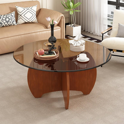 31.5'' Round Coffee Table with Tempered Glass Top, Modern Center Table for Small Spaces - Sturdy Black Board Frame, Simple Design for Living Room, Home, Office - Easy Assembly. — Brown