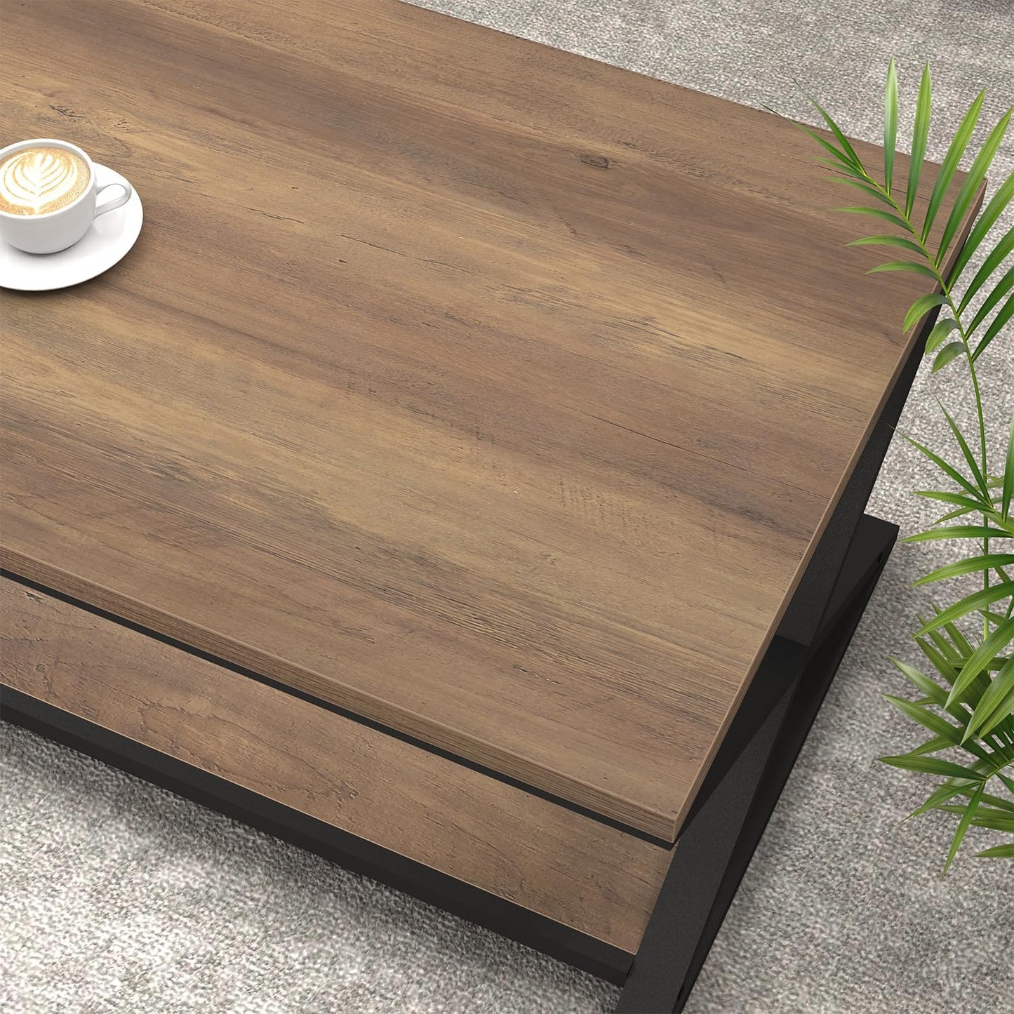 HSH Rustic Farmhouse Coffee Table, Modern Minimalist Wood and Metal Living Room Table, 2 Tie Rectangle Center Table with Storage & Display Shelf, Simple Office Cocktail Tea Table, Rustic Oak, 39 Inch — 39 Inch / Rustic Oak (5)