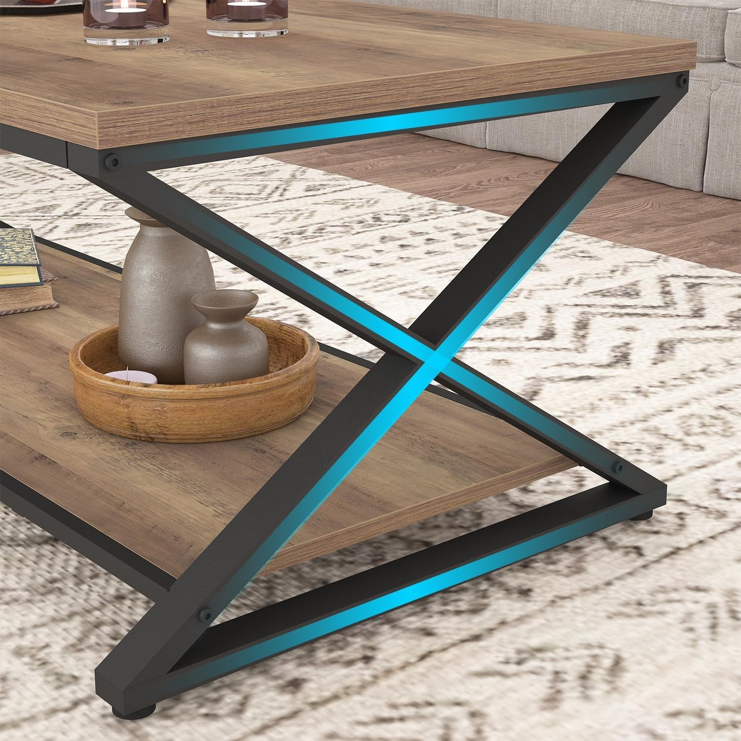 HSH Rustic Farmhouse Coffee Table, Modern Minimalist Wood and Metal Living Room Table, 2 Tie Rectangle Center Table with Storage & Display Shelf, Simple Office Cocktail Tea Table, Rustic Oak, 39 Inch — 39 Inch / Rustic Oak (7)