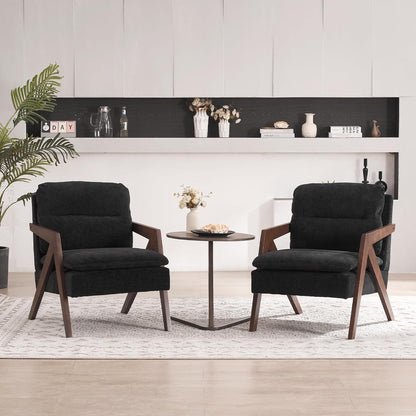 Mid-Century Modern Accent Chair with Solid Wood Frame，Upholstered Chenille Living Room Arm Chairs with Pillow for Bedroom, Living Room, Balcony, Reading Room, Green