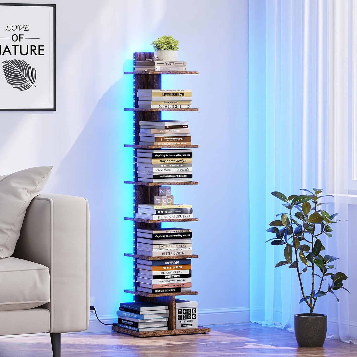 TUTOTAK Book Shelf, Narrow Spine Bookshelf, 8-Tier Bookcase for Small Space | 10.4 x 13.4 x 47.5 Inches Vertical Freestanding Corner Shelf for Living Room, Office, Study, Entryway, Brown BS06BB008 — 8 Tier / Rustic Brown(led Light)