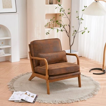 Karl home Mid-Century Modern Accent Reading Chair, Beige | Linen Upholstered, Solid Wood Frame, Soft Cushion, Lumbar Pillow, Lounge Armchair for Living Room, Bedroom, Balcony, Study — Bronzing Brown