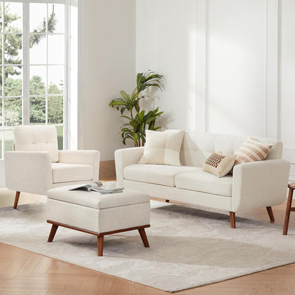 Tbfit Linen Fabric Single Sofa, Accent Chair, Mid Century Modern Armchair for Living Room, Bedroom Button Tufted Upholstered Comfy Reading Sofas, Beige — Single / Beige (9)