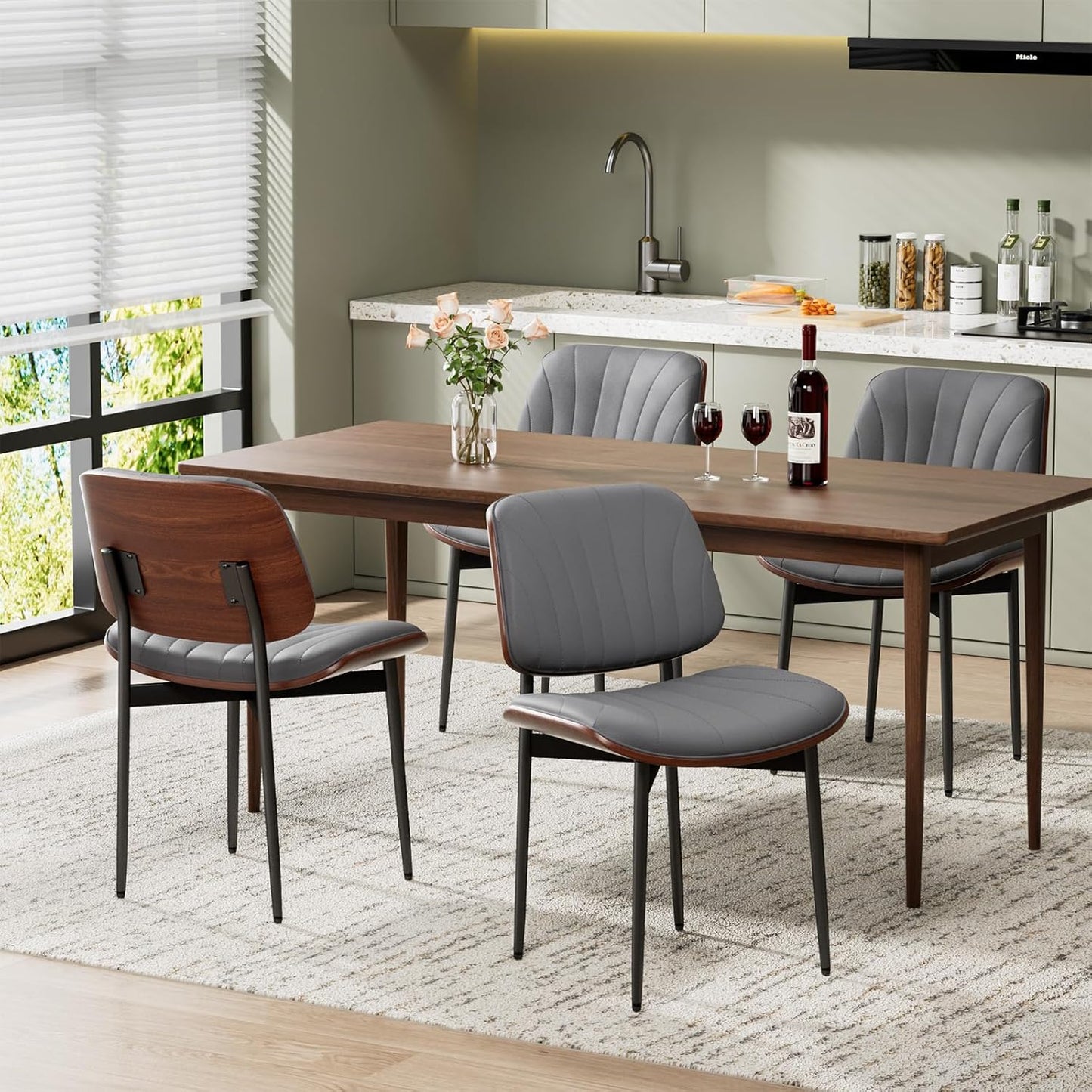 Dining Chairs Set of 4, Mid-Century Modern Upholstered PU Leather Chairs | with Walnut Bentwood Back and Metal Legs Adjustable Feet for Kitchen Dining Room, Camel Shell Strips — Dark Gray Shell Strips / 4