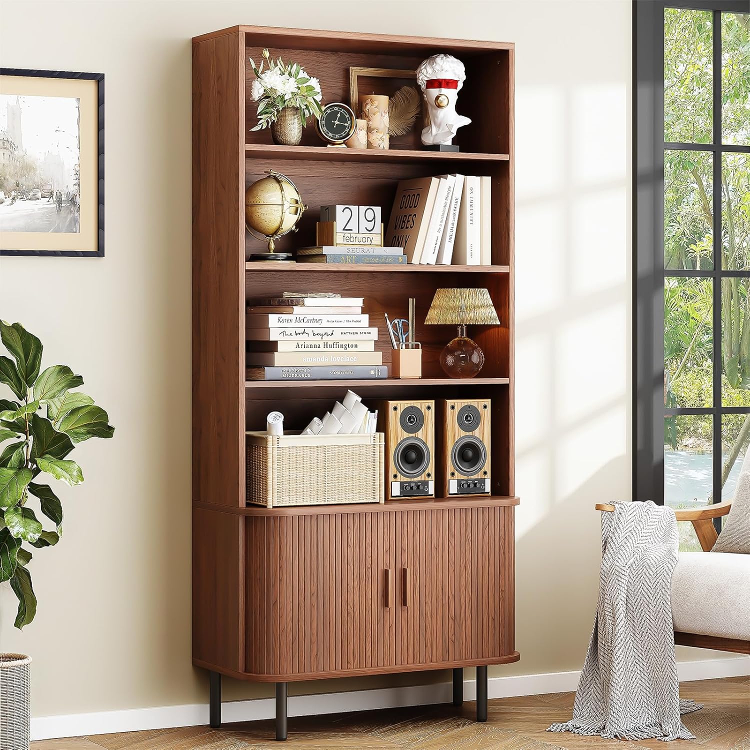 ONBRILL 71" Tall Bookshelf, 4-Tier Bookcase with Storage Cabinet & Adjustable Storage Shelf, Freestanding Wood Bookshelf with Sliding Door and Adjustable Footpad, for Home Office, Living Room, Walnut — Walnut